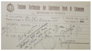 Frontespizio della Relazione dei Carabinieri del 7.6.1933 con la nota del Prefetto